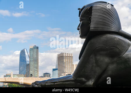 20th July 2019 - London, UK. Statue of the Sphinx at Cleopatra's Needle, located near river Thames, Victoria Embankment. Stock Photo