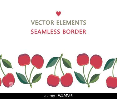 Cherry. Vector seamless border of red cherries with green leaves. Positive vector elements isolated on a white background. Endless horizontal brush Stock Vector