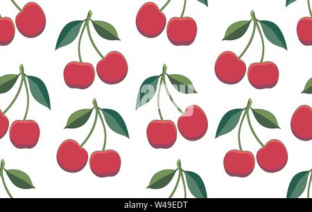 Cherry. Vector seamless pattern with two isolated cherries repeated on a white background. Endless texture. Positive decoration for cafe, bar, fruit Stock Vector