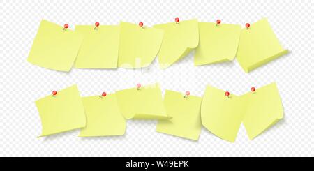 Empty yellow stickers with space for text or message stuck by clip to wall. Vector illustration isolated on transparent background Stock Vector