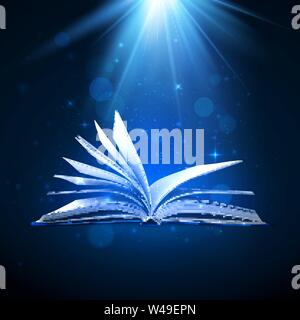 Open magic book on blue background. Fantasy light and sparkles. Vector illustration Stock Vector