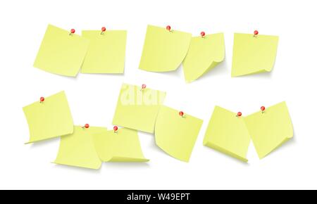 Empty yellow stickers with space for text or message stuck by clip to wall. reminder board. Vector illustration isolated on white background Stock Vector