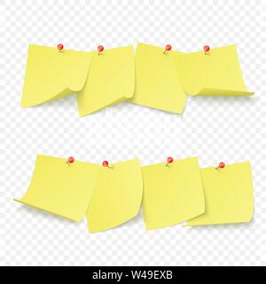 Reminder board with empty yellow stickers attached with red pins. Vector illustration isolated on transparent background Stock Vector
