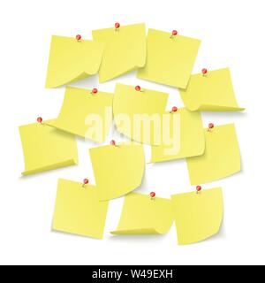 Design of reminder board hung with empty yellow stickers attached with red pins. Vector illustration isolated on white background Stock Vector
