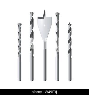 Set of realistic steel Drill Bits  Vector illustration isolated on white background Stock Vector