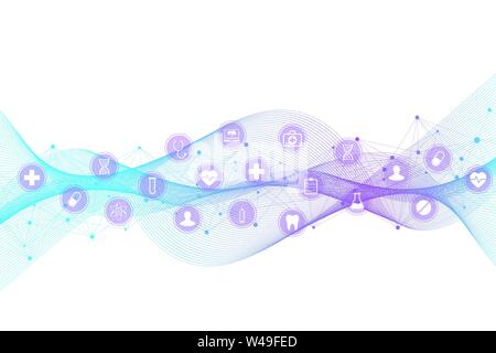 Medical abstract background with health care icon pattern. Medical innovation concept. DNA strand lines and dots, wave flow, DNA molecules structure Stock Vector