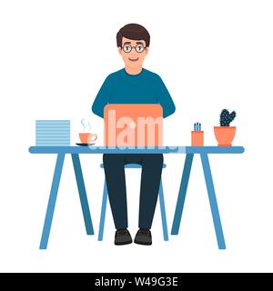 The guy in glasses is sitting at the workplace, Happy man work in office, businessman working behind a laptop, character in cartoon style, freelancer Stock Vector