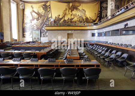 Geneva, Switzerland - 24 June, 2019: The old Council Chamber in The Palace of Nations is seen inside of The United Nations Office at Geneva (UNOG). Stock Photo