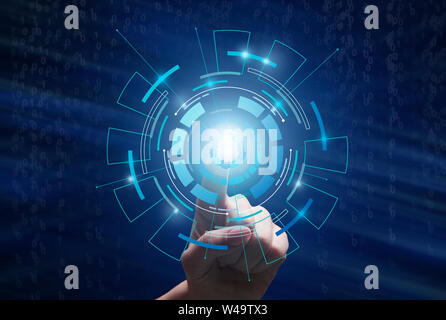 Businessman Touching Virtual Panel With Finger, Closeup Stock Photo