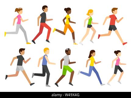 Cartoon jogging people set, marathon runners group. Diverse men and women running, simple and modern vector illustration style. Stock Vector