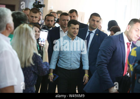 Kiev, Ukraine. 21st July, 2019. Ukrainian President Volodymyr Zelensky arrives at a polling station to cast his ballot in Kiev, Ukraine, on July 21, 2019. Ukraine held snap parliamentary elections on Sunday. The elections were originally scheduled for October 27 this year. Credit: Sergey/Xinhua/Alamy Live News Stock Photo