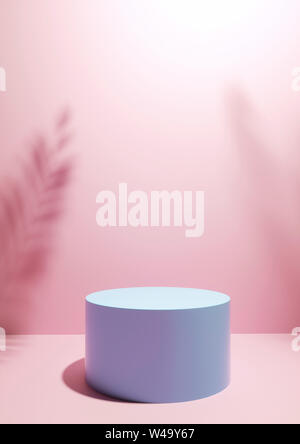 Pink studio background for product placement or display with a circular plinth in front of two blank round wall plaques with the shadows of palm tree Stock Photo