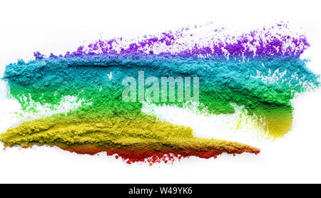Rainbow holi powder splatted on white background