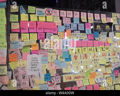 Colorful handwritten notes about the protest against extradition law to China on a pedestrian bridge in Hong Kong, China Stock Photo