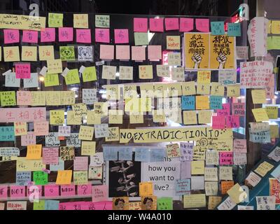 Colorful handwritten notes about the protest against extradition law to China on a pedestrian bridge in Hong Kong, China Stock Photo