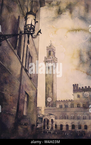 Piazza del Campo in medieval city of Siena, Italy.  Watercolor painting of Tower of Mangia in the Pubblico Palace in Siena. Stock Photo