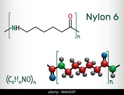 Nylon 6 or polycaprolactam polymer molecule. Structural chemical formula and molecule model. Vector illustration Stock Vector