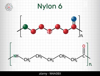 Nylon 6 or polycaprolactam polymer molecule. Structural chemical formula and molecule model. Sheet of paper in a cage. Vector illustration Stock Vector