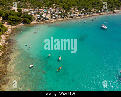 Aerial scene of Kosirina beach and camp on Murter island in Adriatic Sea, Croatia Stock Photo