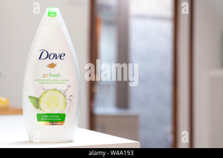 Carrara, Italy - July 21, 2019 - Bottle of Dove go fresh shower cream with the scent of green tea and cucumber, special formula for smooth and luminou Stock Photo