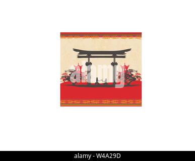 Japanese Samurai fighters silhouette on Asian landscape Stock Vector