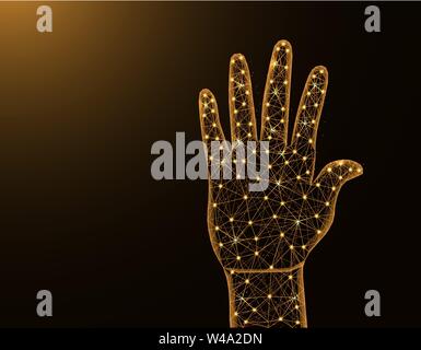 Human palm of the hand low poly model, gesture in polygonal style, body part wireframe vector illustration made from points and lines on dark yellow b Stock Vector
