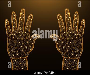 Human palms of hands low poly model, gesture in polygonal style, body part wireframe vector illustration made from points and lines on dark yellow bac Stock Vector