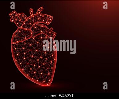 Heart with aorta and veins low poly model, human organs abstract graphics, anatomy polygonal wireframe vector illustration on dark red background Stock Vector