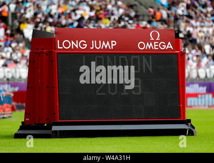 London Stadium, London, UK. 21st July, 2019. IAAF Muller Anniversary Games Athletics; Red Omega electronic sign with London 2019 Credit: Action Plus Sports/Alamy Live News Stock Photo