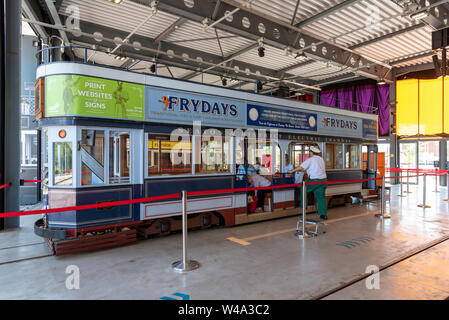 Seaton, Devon, England, UK.  Tramcar number 9 in the Seaton Tramway Station.  Used to transport passengers along the River Axe  to Colyton. Stock Photo