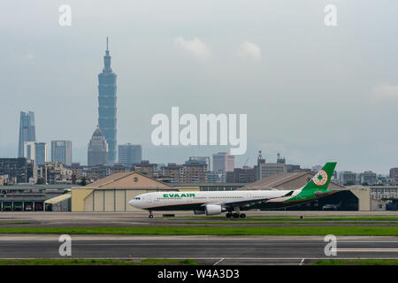 TAIPEI, TAIWAN - MAY 18, 2019: EVA Air Airbus A330-300 taxing at the Taipei Songshan Airport in Taipei, Taiwan. Stock Photo