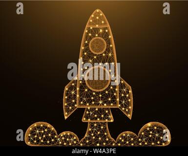 Rocket low poly model, shuttle launch in polygonal style, space ship wireframe vector illustration made from points and lines on dark yellow backgroun Stock Vector