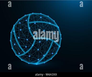 Volleyball low poly model, Sport game abstract graphics, ball wireframe vector illustration on dark blue background Stock Vector