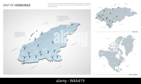 Vector set of Honduras country.  Isometric 3d map, Honduras map, North America map - with region, state names and city names. Stock Vector