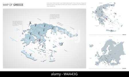 Vector set of Greece country.  Isometric 3d map, Greece map, Europe map - with region, state names and city names. Stock Vector