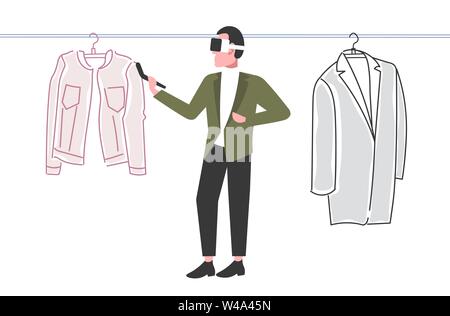 man wearing 3d glasses holding controller guy experiencing virtual reality choosing clothes through headset online shopping augmented digital Stock Vector