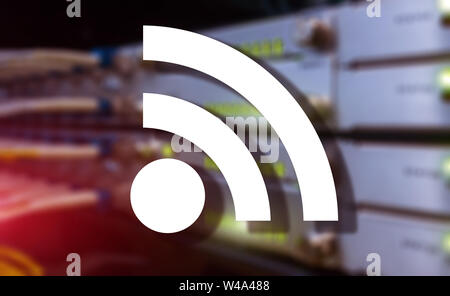 Icon WiFi on datacenter blurred background. Telecommunication concept. Stock Photo