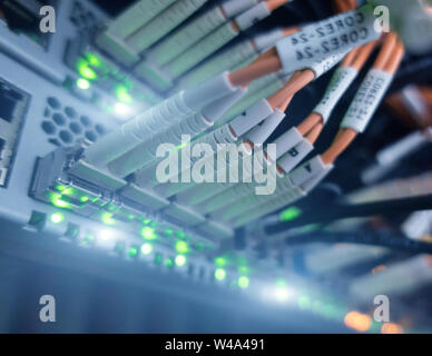 Optical cable in internet network devices. Concept of modern Internet connection. Stock Photo