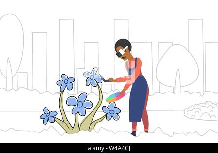 man wearing 3d glasses holding controller painter with color palette drawing flower experiencing virtual reality through headset augmented technology Stock Vector