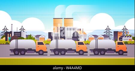 factory building industrial zone with gas or oil tanker truck pipes ...