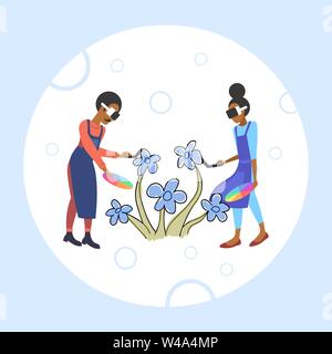 couple wearing 3d glasses holding controller painters with color palette drawing flower experiencing virtual reality through headset augmented Stock Vector