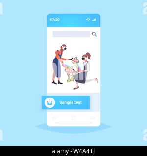 couple wearing 3d glasses holding controller painters with color palette drawing flower experiencing virtual reality through headset augmented Stock Vector