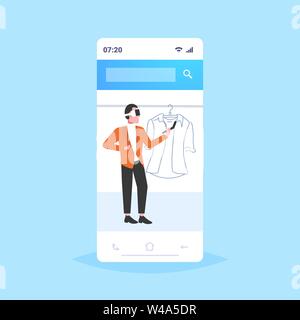 man wearing 3d glasses holding controller guy experiencing virtual reality choosing shirt through headset online shopping augmented digital technology Stock Vector