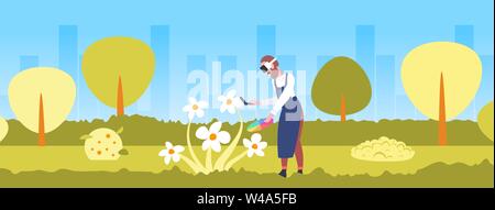man wearing 3d glasses holding controller painter with color palette drawing flower experiencing virtual reality through headset augmented technology Stock Vector