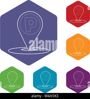 Map pointer with car parking sign icons vector hexahedron Stock Vector