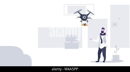 casual man receiving parcel gift box from express air mail drone delivery concept modern apartment living room interior sketch horizontal full length Stock Vector