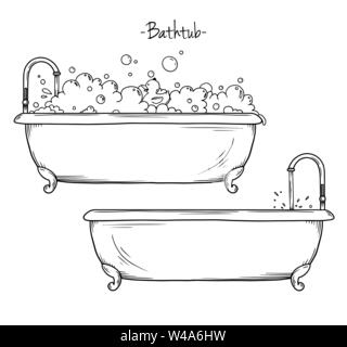 Sketch bath foam and rubber duck. Vector illustration in sketch style. Stock Vector