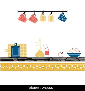 Sketch of shelves with different utensils. Vector illustration. Stock Vector