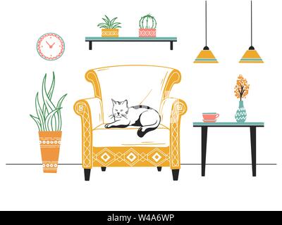 Scandinavian style interior. Furniture and various interior items. Armchair, cat on the chair. Pet. Stock Vector