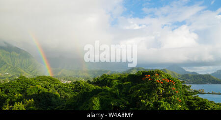 Double Rainbows over Kaneohe Bay, Oahu, Hawaii Stock Photo